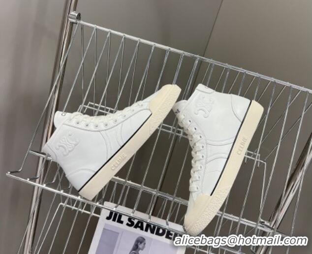 Low Price Celine AS-02 Mid Lace-up Alan Sneakers with Triomphe Patch in Calfskin White 204087