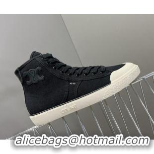 Good Quality Celine AS-02 Mid Lace-up Alan Sneakers with Triomphe Patch in Canvas Black 204088