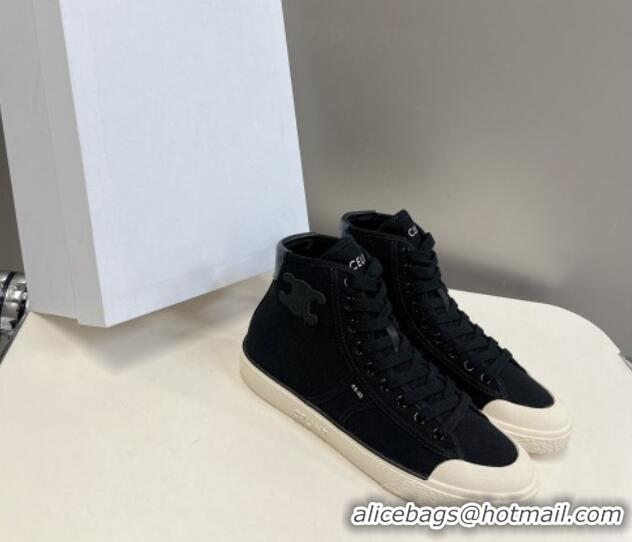 Good Quality Celine AS-02 Mid Lace-up Alan Sneakers with Triomphe Patch in Canvas Black 204088