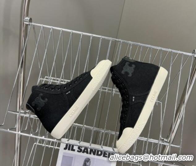 Good Quality Celine AS-02 Mid Lace-up Alan Sneakers with Triomphe Patch in Canvas Black 204088