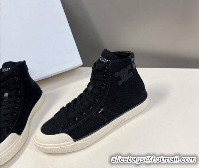 Good Quality Celine AS-02 Mid Lace-up Alan Sneakers with Triomphe Patch in Canvas Black 204088