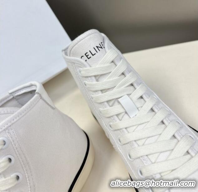 Classic Hot Celine AS-02 Mid Lace-up Alan Sneakers with Triomphe Patch in Canvas White 204089