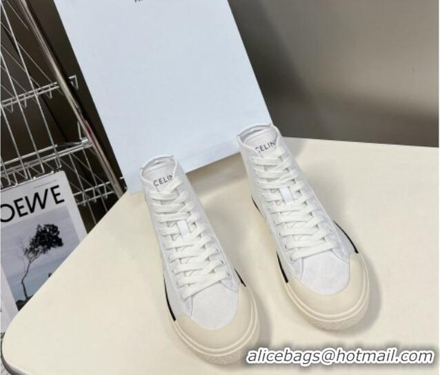 Classic Hot Celine AS-02 Mid Lace-up Alan Sneakers with Triomphe Patch in Canvas White 204089