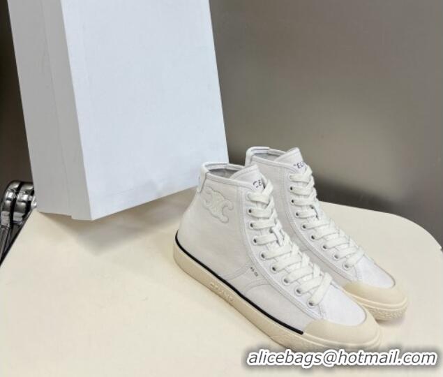 Classic Hot Celine AS-02 Mid Lace-up Alan Sneakers with Triomphe Patch in Canvas White 204089