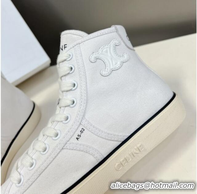 Classic Hot Celine AS-02 Mid Lace-up Alan Sneakers with Triomphe Patch in Canvas White 204089