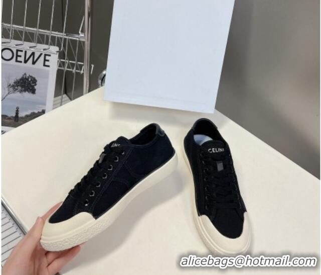 Grade Quality Celine AS-01 Low Lace-up Alan Sneakers with Triomphe Patch in Canvas Black 204090