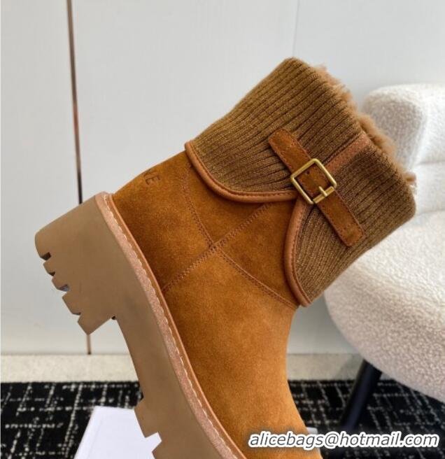 Pretty Style Celine Platform Ankle Boots in Suede and Knit with Shearling Lining Brown 218101