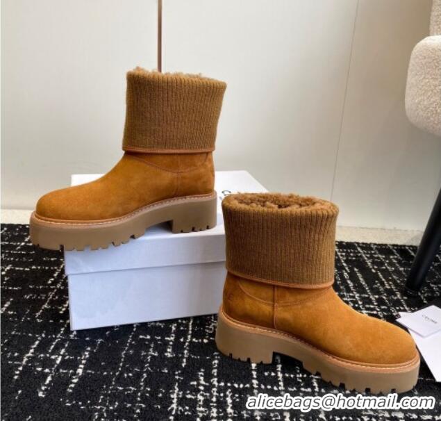 Pretty Style Celine Platform Ankle Boots in Suede and Knit with Shearling Lining Brown 218101