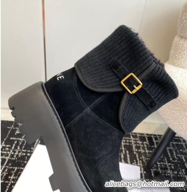 Popular Style Celine Platform Ankle Boots in Suede and Knit with Shearling Lining Black 218102