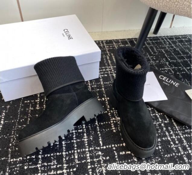 Popular Style Celine Platform Ankle Boots in Suede and Knit with Shearling Lining Black 218102