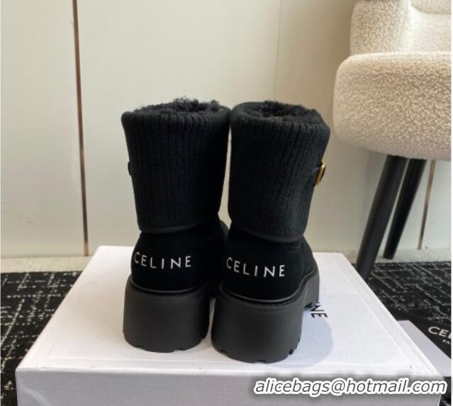 Popular Style Celine Platform Ankle Boots in Suede and Knit with Shearling Lining Black 218102