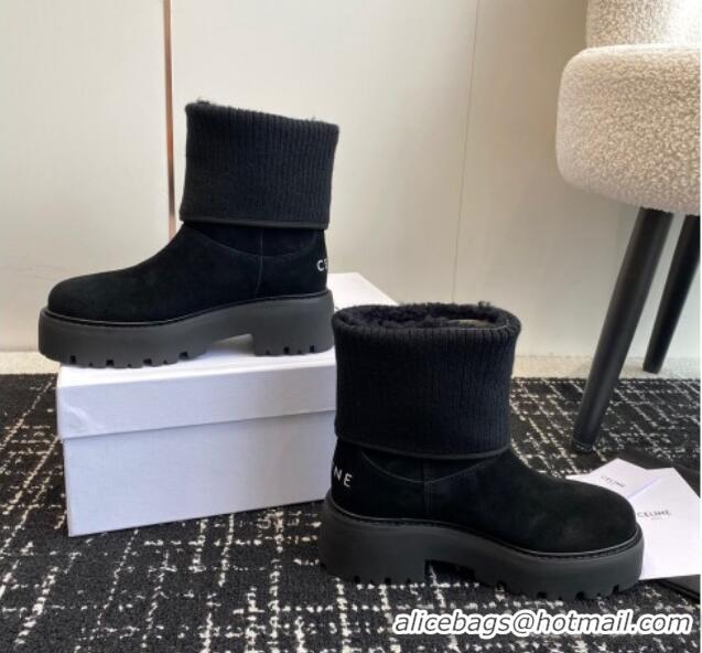 Popular Style Celine Platform Ankle Boots in Suede and Knit with Shearling Lining Black 218102