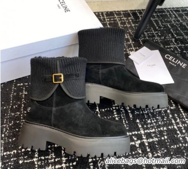 Popular Style Celine Platform Ankle Boots in Suede and Knit with Shearling Lining Black 218102