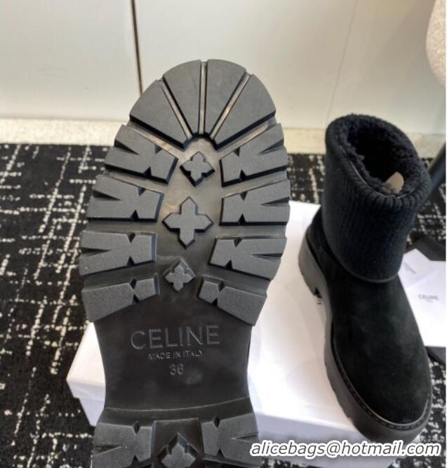 Popular Style Celine Platform Ankle Boots in Suede and Knit with Shearling Lining Black 218102