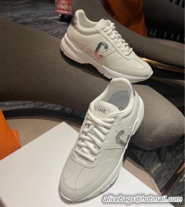 Top Grade Celine Runner CR-02 Low Lace-up Sneakers in Calfskin White/Silver 1218107