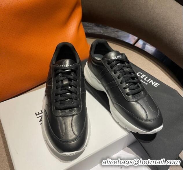 Charming Celine Runner CR-02 Low Lace-up Sneakers in Calfskin Black Leather 1218108