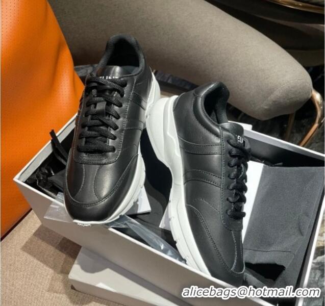 Charming Celine Runner CR-02 Low Lace-up Sneakers in Calfskin Black Leather 1218108