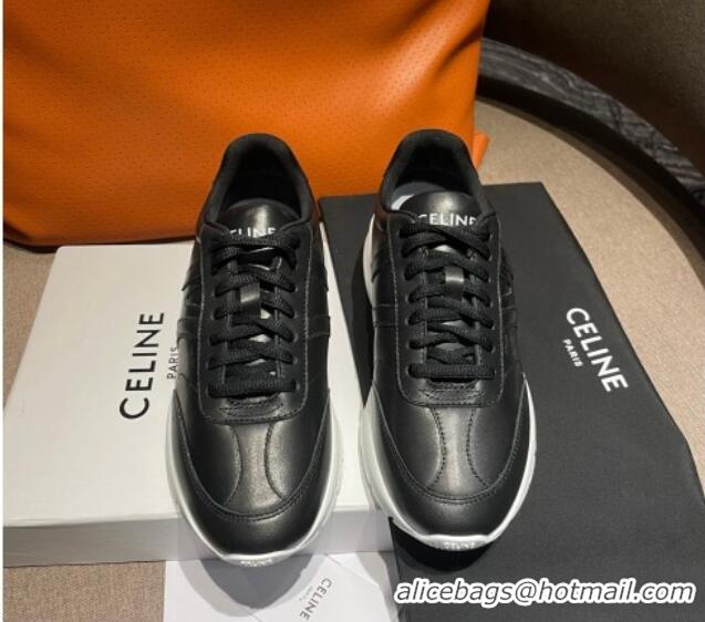 Charming Celine Runner CR-02 Low Lace-up Sneakers in Calfskin Black Leather 1218108