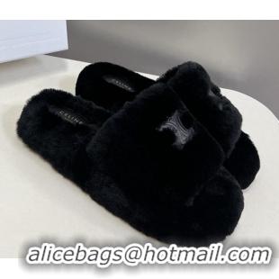 Cheap Price Celine Wool Fur Flat Slide Sandals with Triomphe Black 1218110