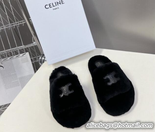 Cheap Price Celine Wool Fur Flat Slide Sandals with Triomphe Black 1218110