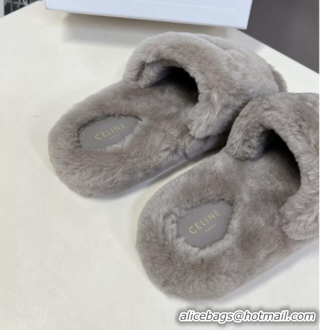 Lowest Cost Celine Wool Fur Flat Slide Sandals with Triomphe Grey 218111