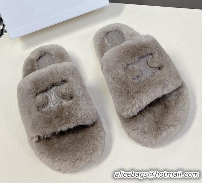 Lowest Cost Celine Wool Fur Flat Slide Sandals with Triomphe Grey 218111