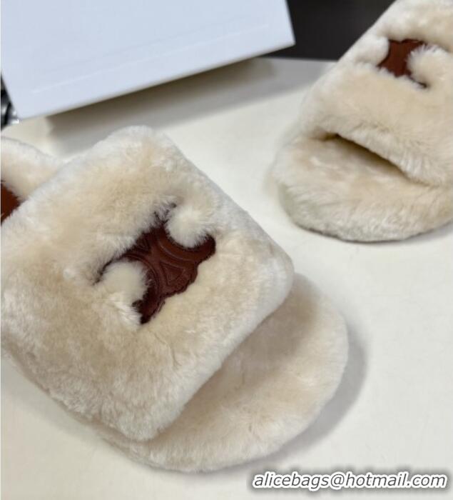 Luxurious Celine Wool Fur Flat Slide Sandals with Triomphe White 218112