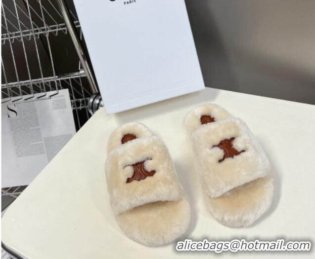 Luxurious Celine Wool Fur Flat Slide Sandals with Triomphe White 218112