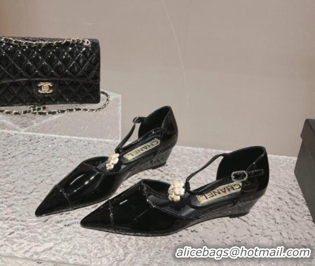 1:1 aaaaa Chanel Patent Leather Wedge Mary Janes Pumps with Bloom Black 120017