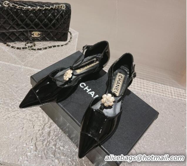 1:1 aaaaa Chanel Patent Leather Wedge Mary Janes Pumps with Bloom Black 120017