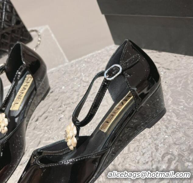 1:1 aaaaa Chanel Patent Leather Wedge Mary Janes Pumps with Bloom Black 120017