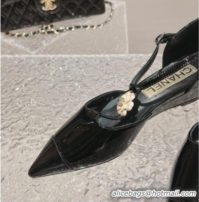 1:1 aaaaa Chanel Patent Leather Wedge Mary Janes Pumps with Bloom Black 120017