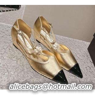 Discount Chanel Patent Leather Wedge Mary Janes Pumps with Bloom Gold 120018