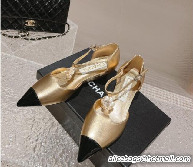 Discount Chanel Patent Leather Wedge Mary Janes Pumps with Bloom Gold 120018