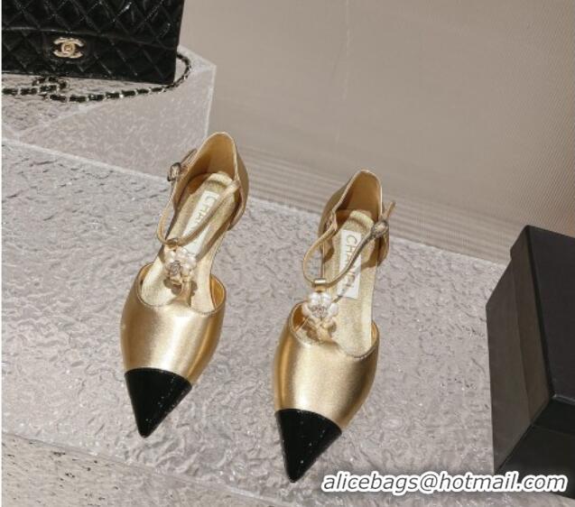 Discount Chanel Patent Leather Wedge Mary Janes Pumps with Bloom Gold 120018