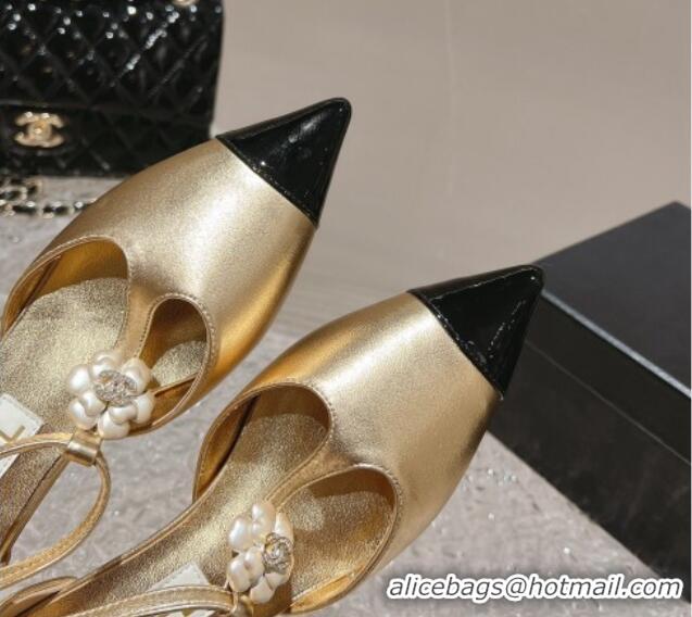 Discount Chanel Patent Leather Wedge Mary Janes Pumps with Bloom Gold 120018