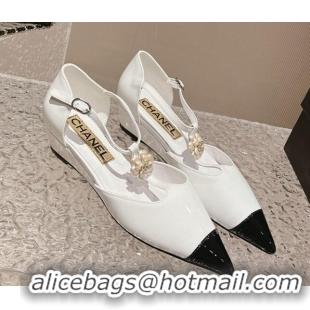 Comfortable Chanel Patent Leather Wedge Mary Janes Pumps with Bloom White 120019