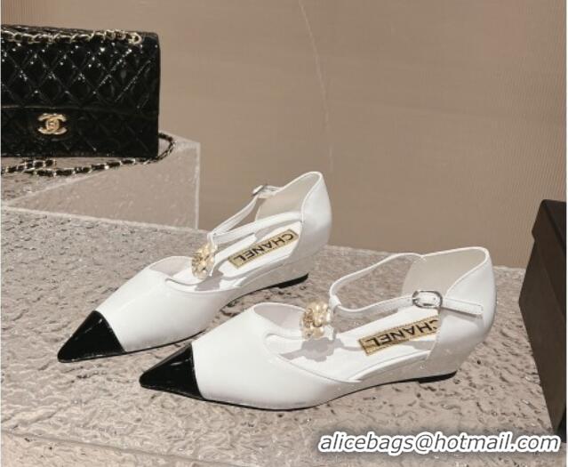 Comfortable Chanel Patent Leather Wedge Mary Janes Pumps with Bloom White 120019