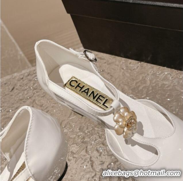 Comfortable Chanel Patent Leather Wedge Mary Janes Pumps with Bloom White 120019