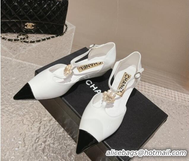 Comfortable Chanel Patent Leather Wedge Mary Janes Pumps with Bloom White 120019