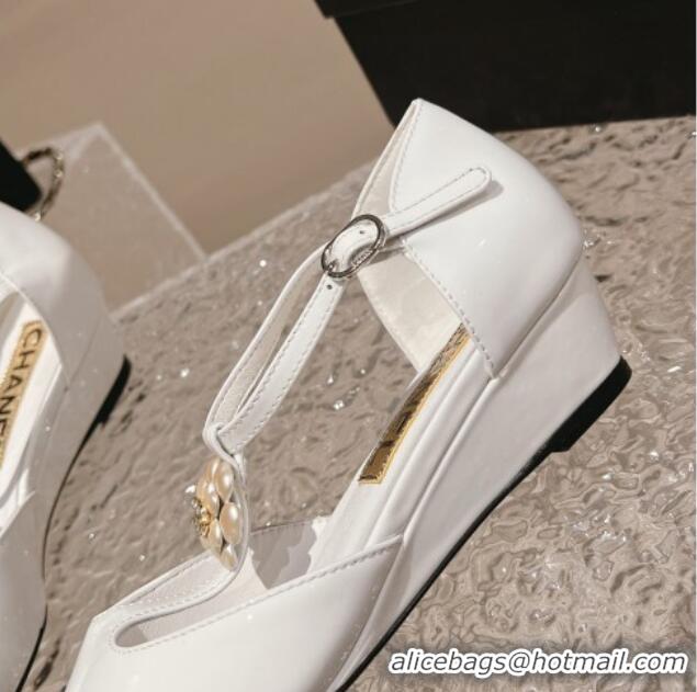 Comfortable Chanel Patent Leather Wedge Mary Janes Pumps with Bloom White 120019