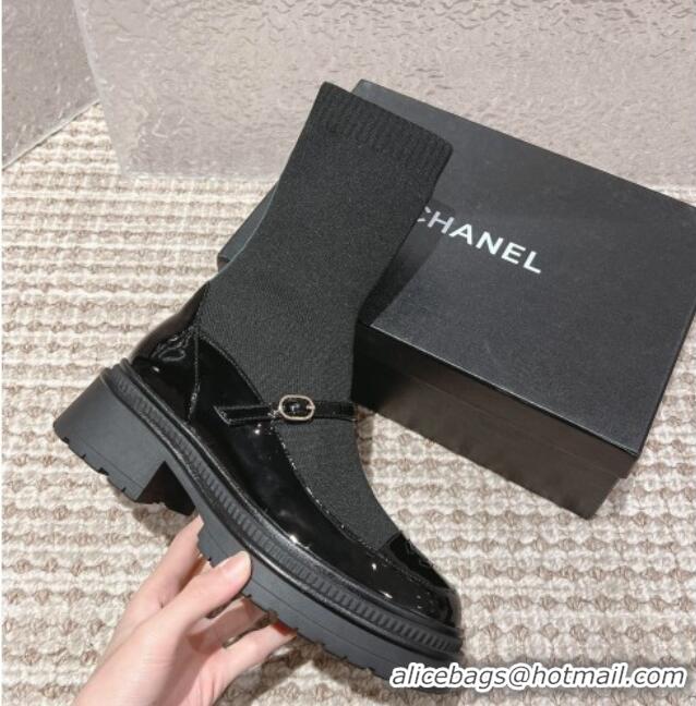 Top Grade Chanel Patent Leather and Knit Ankle Boots Black 120020