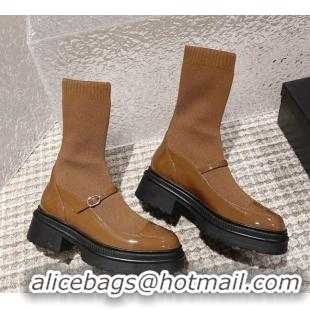 Stylish Chanel Patent Leather and Knit Ankle Boots Brown 120021