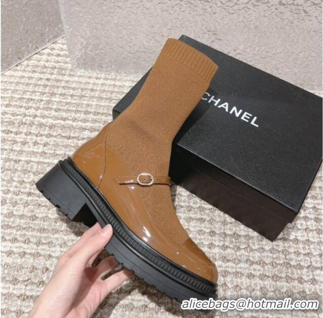 Stylish Chanel Patent Leather and Knit Ankle Boots Brown 120021