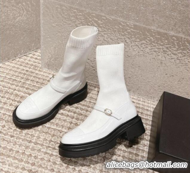 Best Grade Chanel Patent Leather and Knit Ankle Boots White 120022