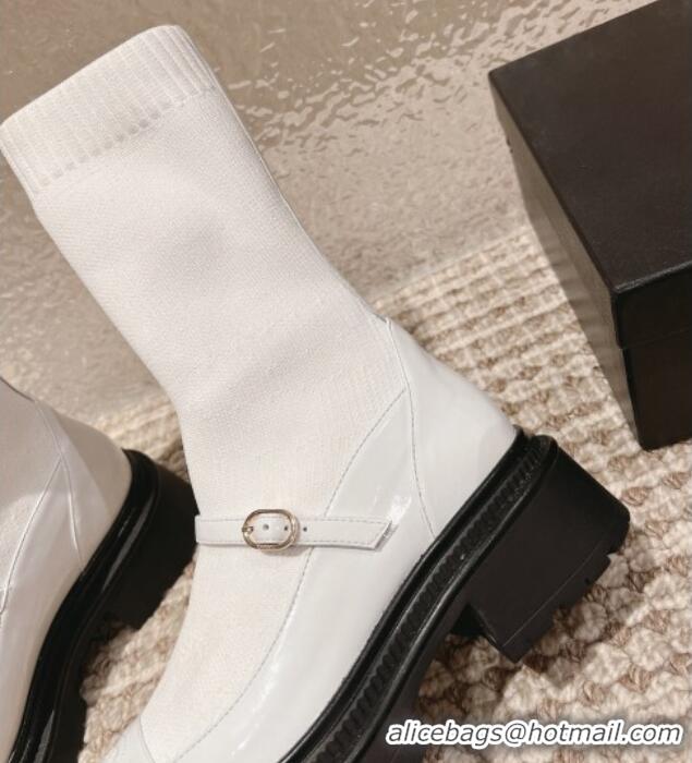 Best Grade Chanel Patent Leather and Knit Ankle Boots White 120022