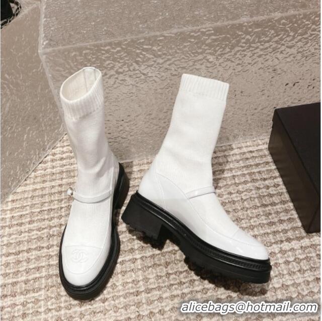 Best Grade Chanel Patent Leather and Knit Ankle Boots White 120022