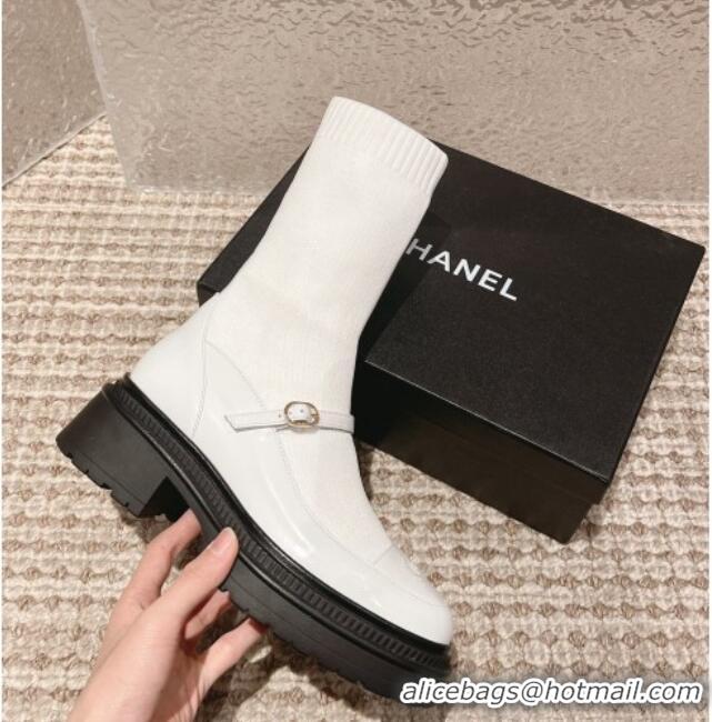 Best Grade Chanel Patent Leather and Knit Ankle Boots White 120022