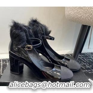 Sophisticated Chanel Patent Leather Mary Janes Pumps 6.5cm with Fur Charm Black 120023