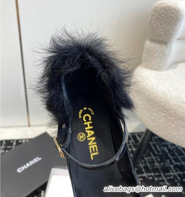 Sophisticated Chanel Patent Leather Mary Janes Pumps 6.5cm with Fur Charm Black 120023